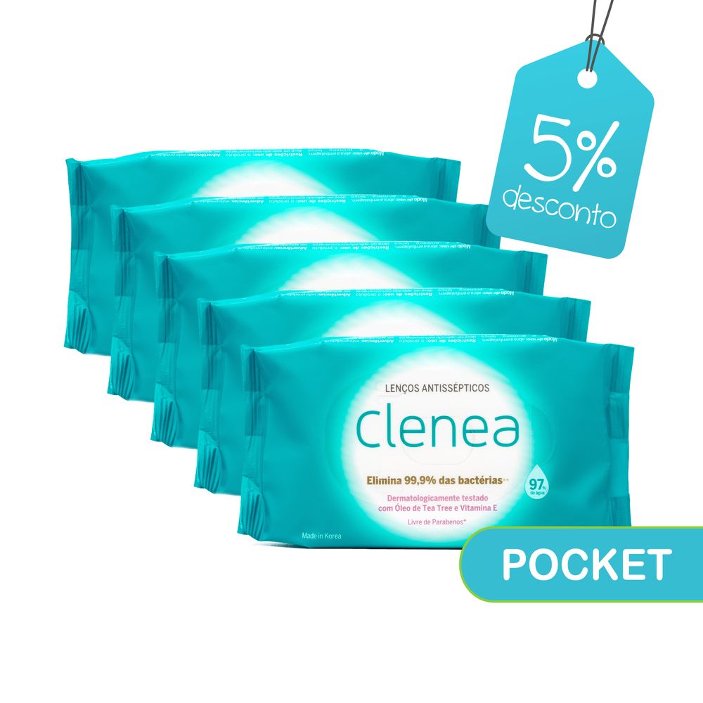 Kit-promocional-com-5-pacotes-de-Lenco-Antisseptico-Clenea-Pocket-com-20-unidades