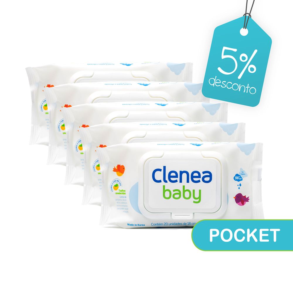 Kit-promocional-com-5-pacotes-de-Clenea-Baby-Pocket-sem-fragrancia-20-unidades