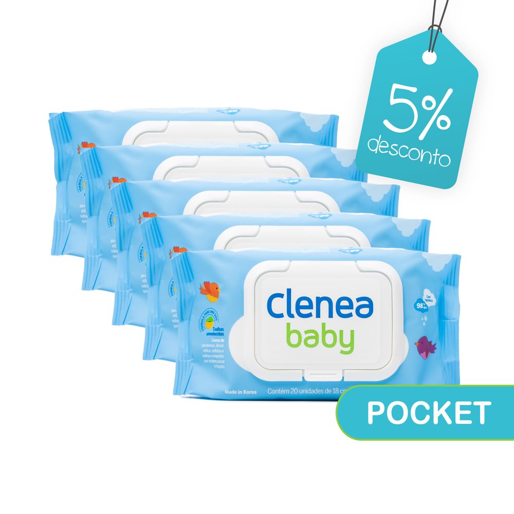 Kit-promocional-com-5-pacotes-de-Clenea-Baby-Pocket-com-fragrancia-20-unidades